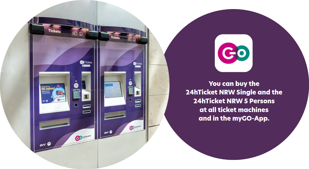 Zwei lilafarbene Ticketautomaten sind an einer Wand montiert. Daneben befindet sich eine Grafik mit dem myGO-App-Logo und einem Text, der erklärt, dass 24hTicket NRW-Tickets am Automaten und in der myGO-App gekauft werden können.