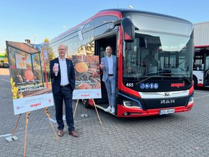Das Bild zeigt von links Markus Grawe, Vorstandsvorsitzender der Sparkasse Leverkusen und Marc Kretkowski, Geschäftsführer der wupsi GmbH, bei der Präsentation des neuen Systems in einem Bus der wupsi. © wupsi GmbH Das Bild zeigt von links Markus Grawe, Vorstandsvorsitzender der Sparkasse Leverkusen und Marc Kretkowski, Geschäftsführer der wupsi GmbH, bei der Präsentation des neuen Systems in einem Bus der wupsi. © wupsi GmbH